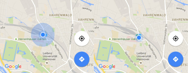 Google Maps zeigt die Genauigkeit der Standortbestimmung per Mobilfunk (links) und WLAN (Bild: Peter Giesecke)