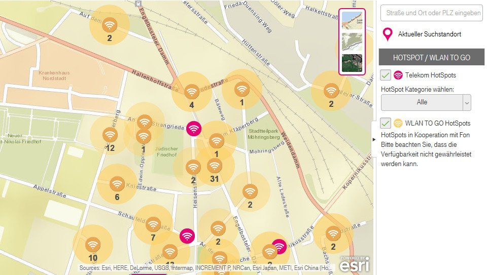 Die Telekom bietet in meinem Viertel weniger WLAN-Hotspots an, dafür aber drei gut zugängliche (Screenshot von telekom.de)