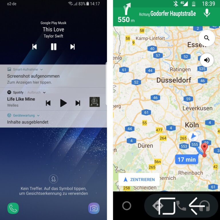 Und noch ein paar Bugs: Die Bitte, Musik abzuspielen, loggt Android Auto aus und schickt euch auf den Startbildschirm (links). Überdimensionierte Zurück- und Home-Button überlagern die eigentlichen Navigationstasten.