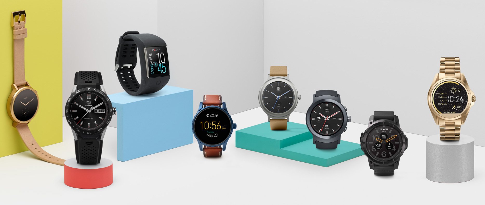 Android Wear wird auf der eigenen Website mit einer großen Palette unterschiedlicher Smartwatches beworben (Bild: Android)