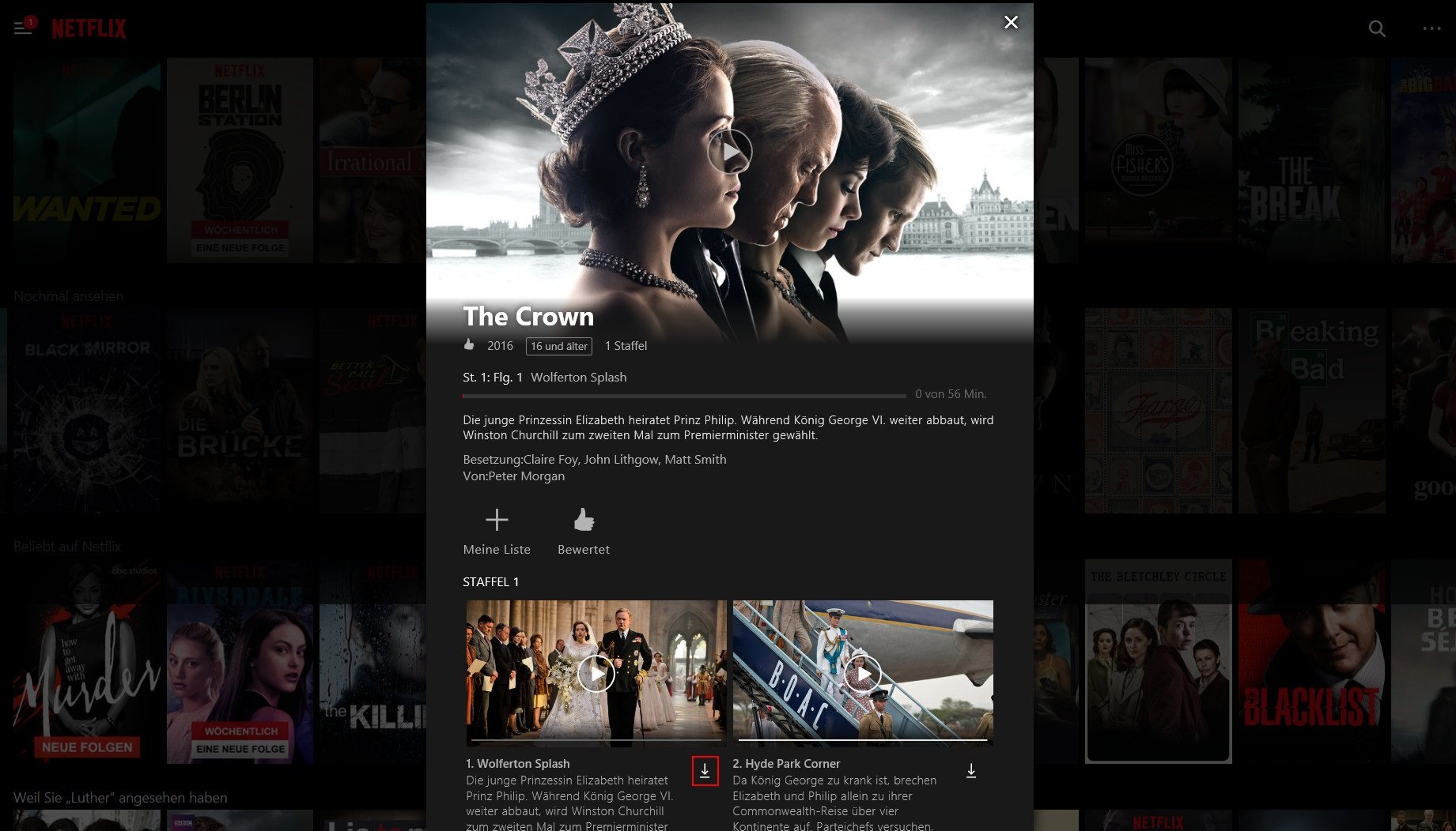 Wenn sich eine Episode downloaden lässt, wird dies in der Netflix-Windows-App angezeigt (rot markiert)