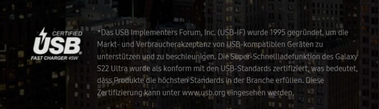 Die allermeisten Hersteller verraten, auf welchen Standard sie setzen. Bei Galaxy S22 Ultra kommt beispielsweise USB-PD zum Einsatz. (Foto: Screenshot / Samsung)