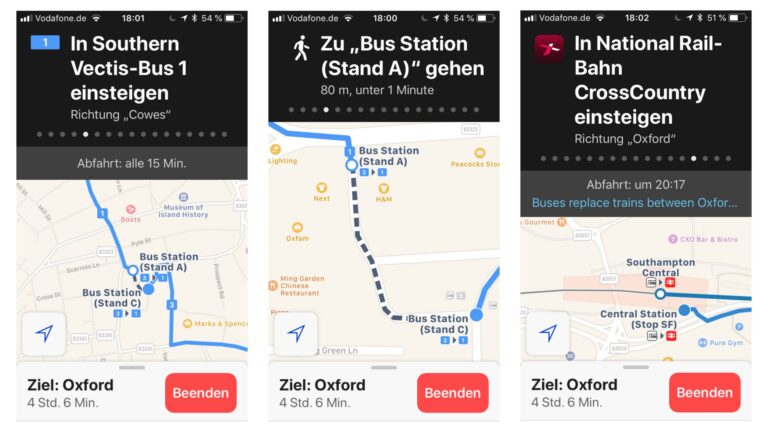 Apple Karten als Routenplaner Bus und Bahn 
