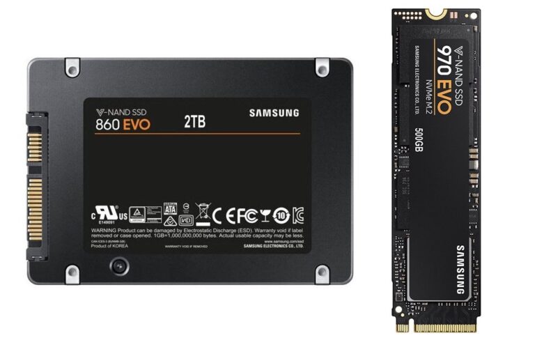 Samsung SSDs im Vergleich: Links 860 EVO für SATA-Bauweise, rechts 970 EVO in der M.2-Bauweise