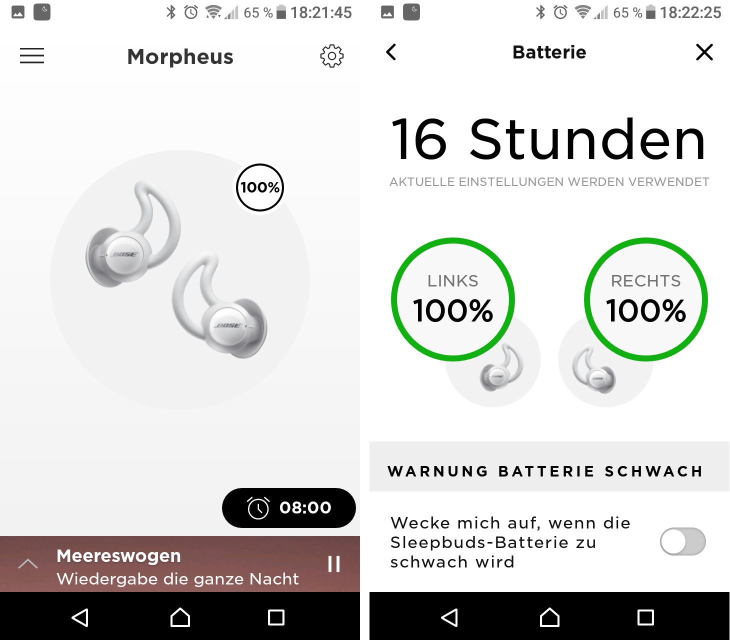 Der Akkustand der Sleepbuds wird übersichtlich in der Bose Sleep App angezeigt (Screenshots)