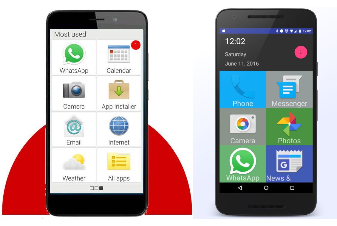Oberflächen für Senioren-Smartphones sind meist gleich aufgebaut: einfach und übersichtlich. Emporia-App (links) und Senior Homescreen (Bilder: Google Play Store)