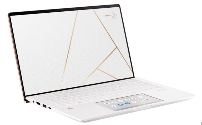 Das Asus ZenBook Edition 30 ganz in weiß mit nahezu randlosem Display und dem ScreenPad 2.0 als Trackpad