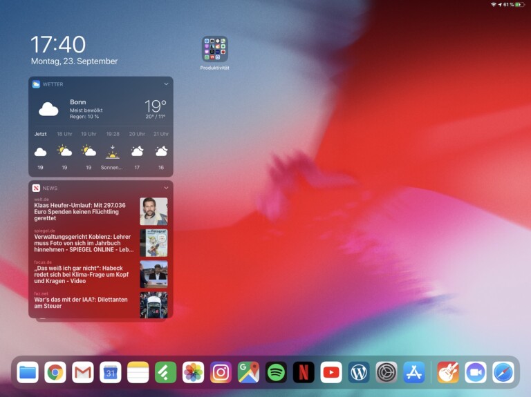 Screenshot vom iPadOS-Startbildschirm: im Original 19 MB groß