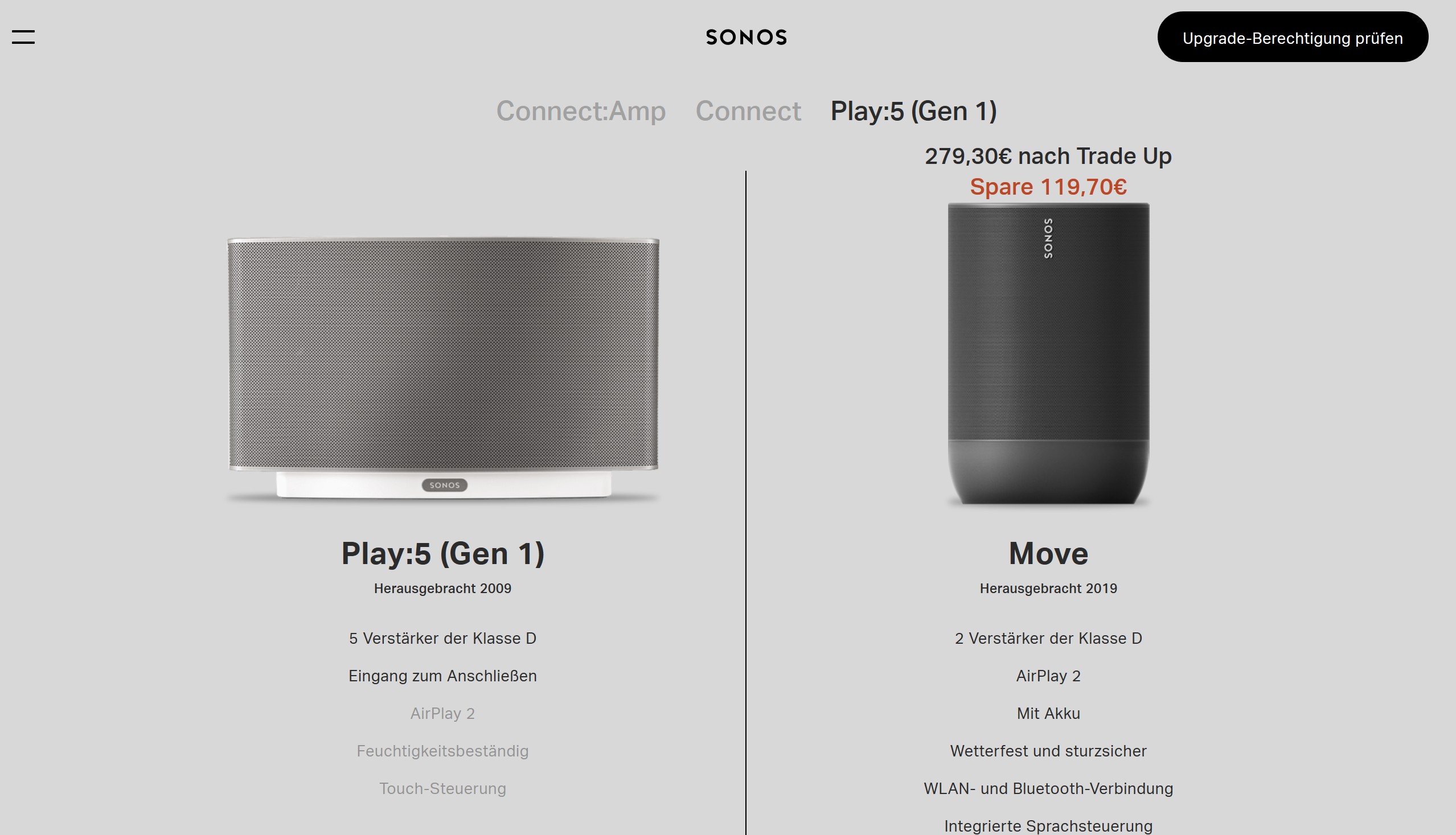 Hier im Bild zu sehen: Der Umstieg von einem alten Sonos: Play 5 zu einem neuen Sonos Move muss nicht teuer sein. (Screenshot / Sonos)