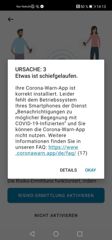 Tja, die Corona-Warn-App funktioniert leider nicht. (Screenshot)