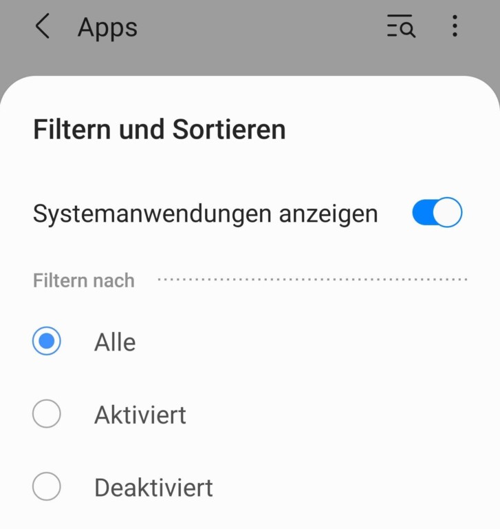 Hier im Bild: Ändert den Regler auf eurem Samsung-Smartphone, um die Bluetooth-Apps zu finden. (Screenshot)