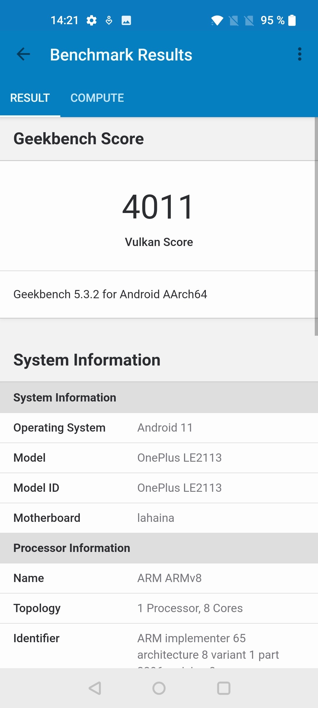 Benchmark-Ergebnisse OnePlus 9. (Screenshot)