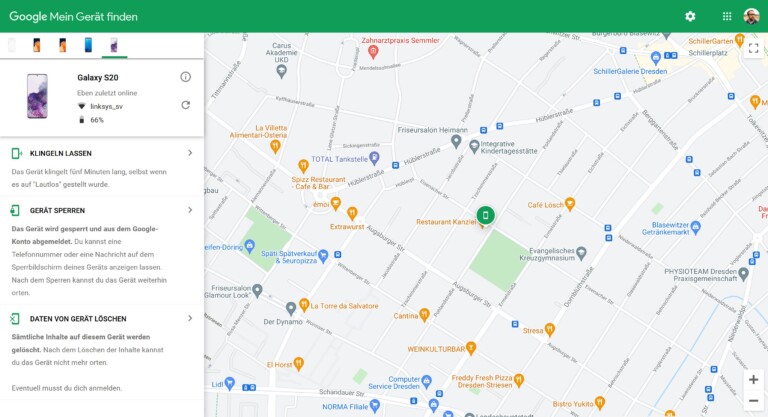 Auf einer Google-Maps-Karte findet ihr eure Geräte. (Screenshot)