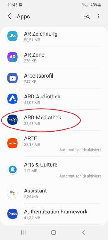 Wählt die gewünschte App aus. In diesem Fall die ARD Mediathek. (Screenshot)