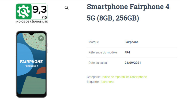 Fairphone 4 im französischen Reparaturindex