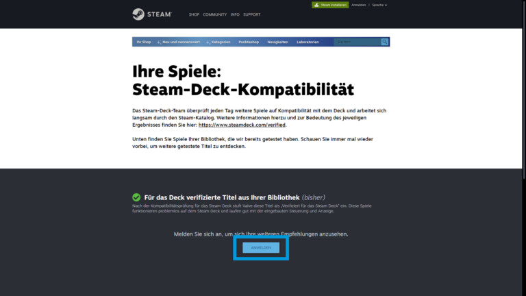 Valve-Webseite, de checkt, ob PC-Spiele auf dem Steam Deck laufen.