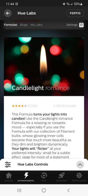 Mit Hue Labs rüstet ihr Kerzenlicht auch für nicht kompatible Lampen nach. (Screenshot)