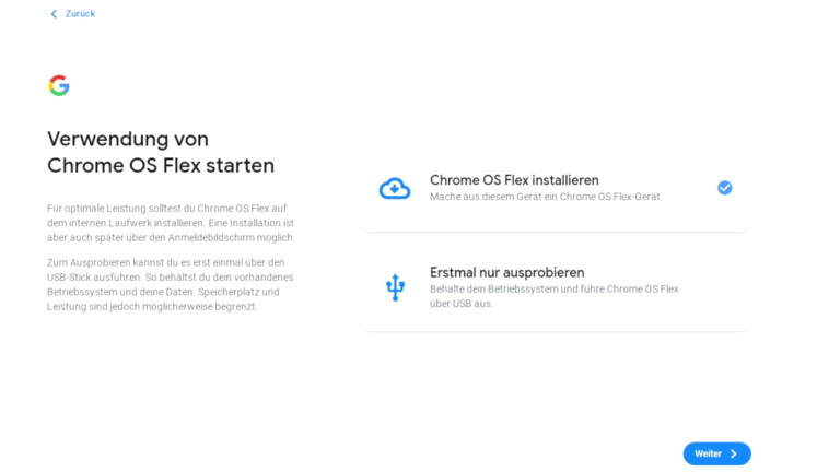 Installationsdialog von Google Chrome OS Flex mit Option zur Installation und zum Test über USB-Stick