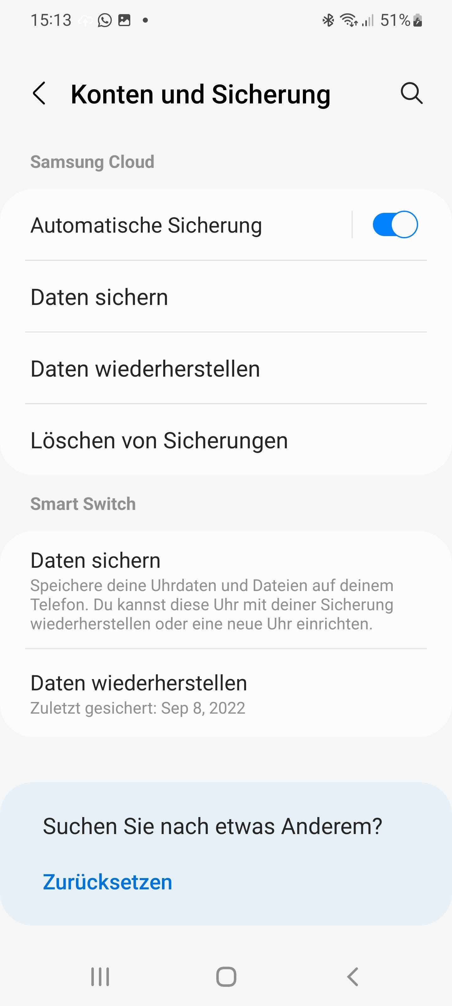 Wähle in der Samsung Wearable App unter Smart Switch die Option zum Sichern aus. (Screenshot)