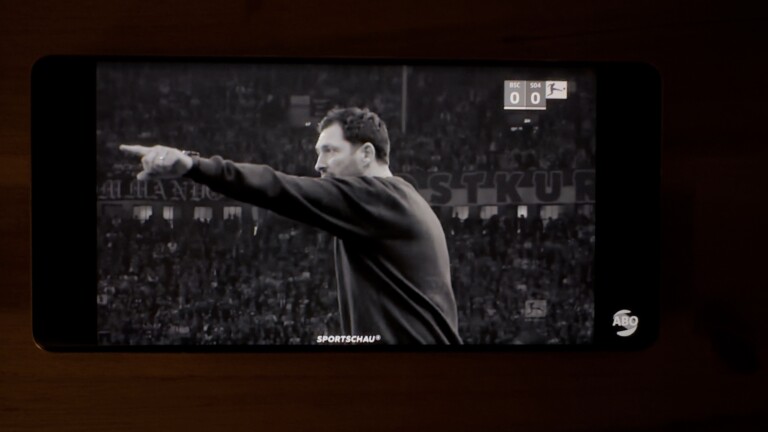 Der aktuelle Hertha-Trainer Sandro Schwarz – in Schwarzweiß. Screenshot mit Material von ARD Sportschau/DFL