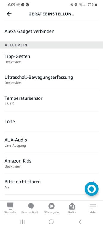 Wenn der Temperatur-Sensor vorhanden ist, findest du dies in der Alexa-App. (Screenshot)