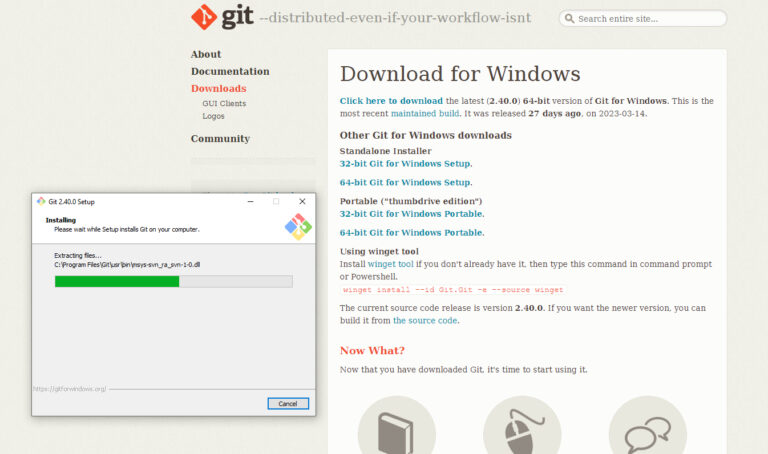 Installationsdialog für die Git-Versionskontrolle samt Download-Webseite.
