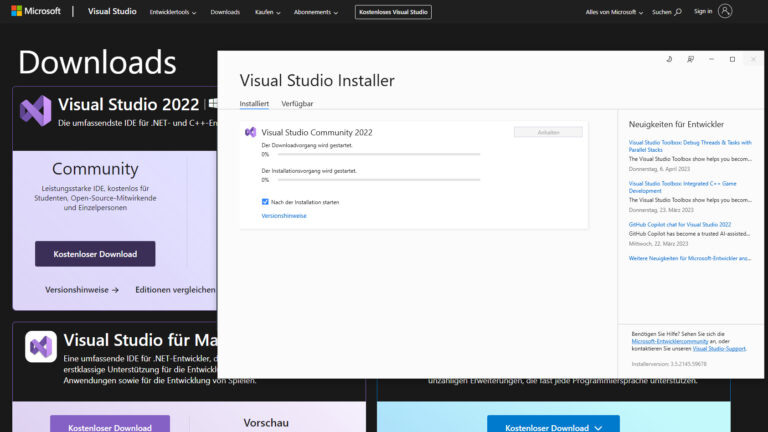 Visual Studio Installer mit Microsofts Download-Seite im Hintergrund.