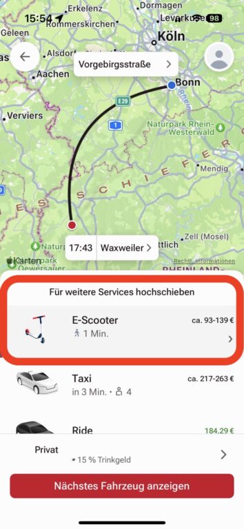 Mit dem E-Scooter von Bonn in die Osteifel. FreeNow hält das tatsächlich für eine gute Idee.