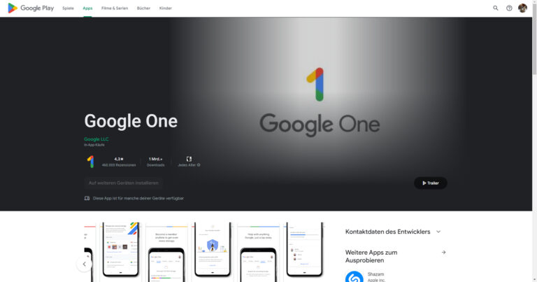 Downloadseite für Google One aus dem Google Play Store. (Screenshot: Daniel Wendorf)