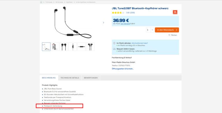 Auf euronics.de kannst du Multipoint-kompatible Headsets filtern. Das erspart das Gewühle im Datenblatt. (Eigener Screenshot)