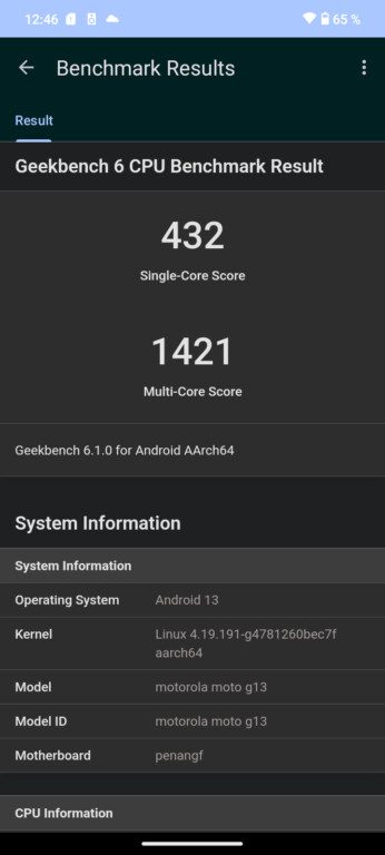 Moto G13 Geekbench 6 Resultat