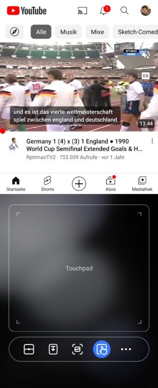 Touchpad unter YouTube im Flex Modus. Hier erscheint sogar ein Mauszeiger (im Bild nicht zu sehen).