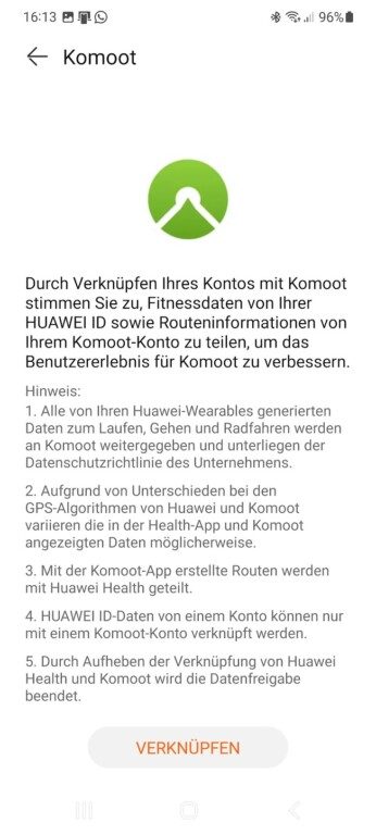 Huawei Health kannst du mit Komoot verknüpfen. (Screenshot)