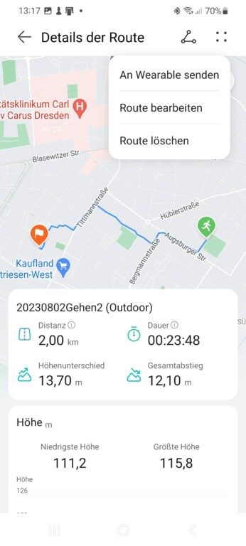 Unter "Meine Routen" findest du die Option, die Strecke an deine Huawei-Smartwatch zu senden. (Screenshot)