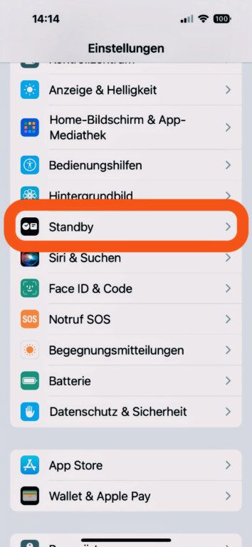 Standby findest du in den Einstellungen auf dem iPhone. (Screenshot)