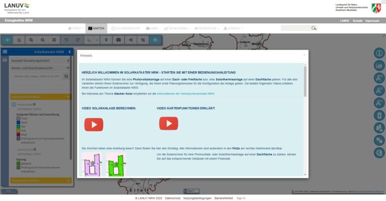 Das NRW-Solarkataster bietet Video-Tutorials, um die Benutzung zu erlernen. (Eigener Screenshot)