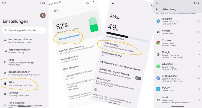 Screenshot der Akkuverbrauchsübersicht unter Android
