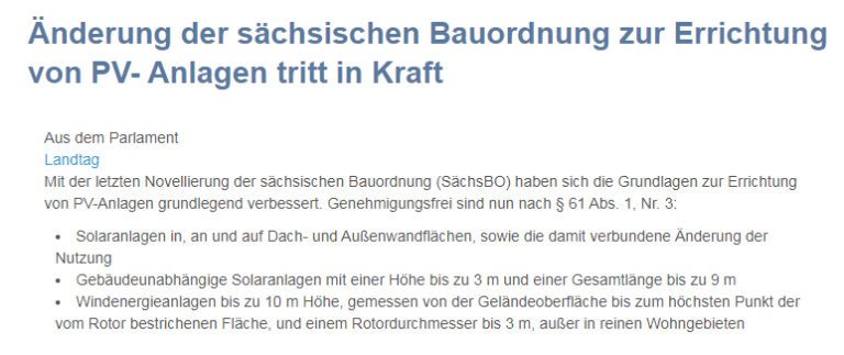 Ausschnitt aus einer Erklärung des sächsischen Landtages zur Änderung der landesspezifischen Bauordnung. (Eigener Screenshot)