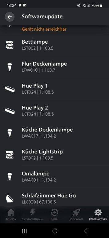In der Hue-App siehst du, ob deine Lampe ein Update bekommen haben. (Screenshot)