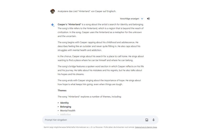 Textinterpretation von Caspers "Hinterland" in Google Gemini