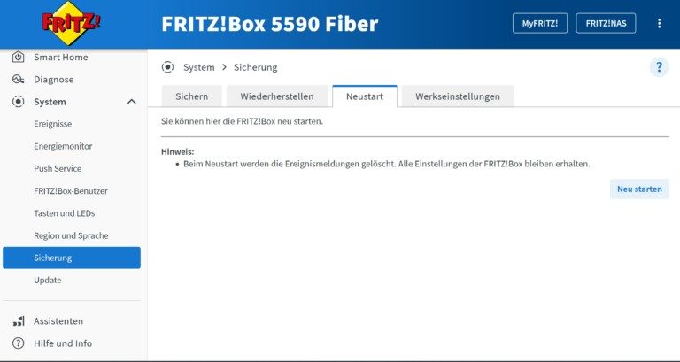 Direkt über die Benutzeroberfläche kannst du deine Fritzbox neu starten. (Screenshot)