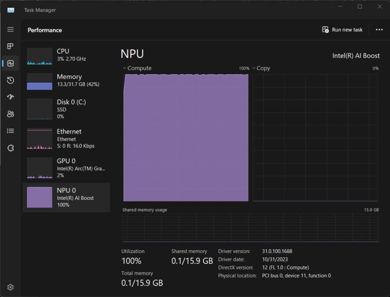 Die NPU wird bei Intel-Prozessoren im Task-Manager angezeigt. (Foto: Intel)