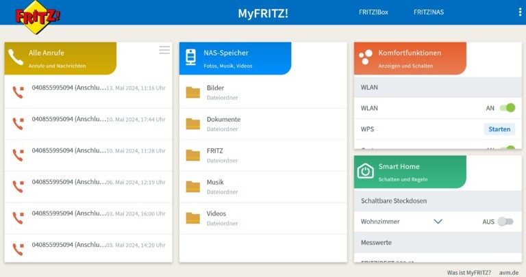 MyFritz ist eine komfortable Oberfläche mit Schnellzugriff auf wichtige Elemente. (Screenshot)