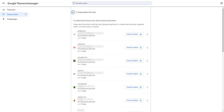 gestohlene Passwörter - Übersicht in Google Chrome