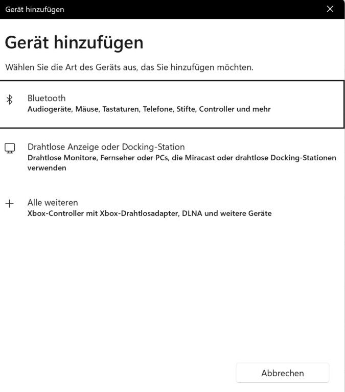 Gehe auf den obersten Menüpunkt, um nach Bluetooth-Geräten zu suchen. (Screenshot)