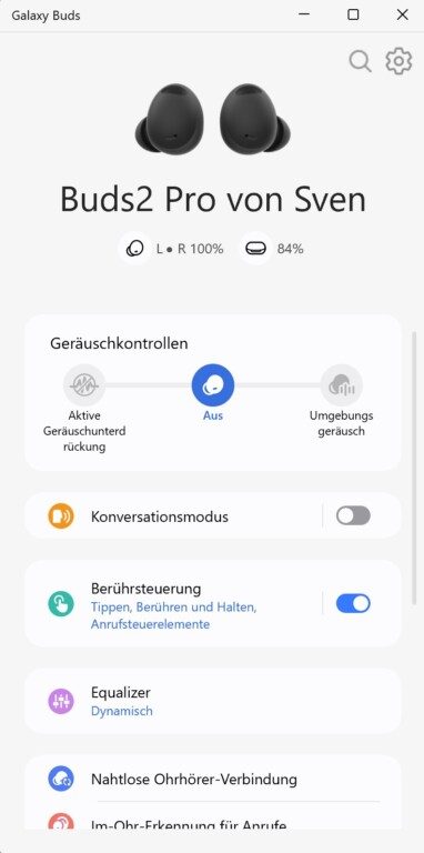 Die App Galaxy Buds bietet nahezu alle Funktionen auch unter Windows. (Screenshot)