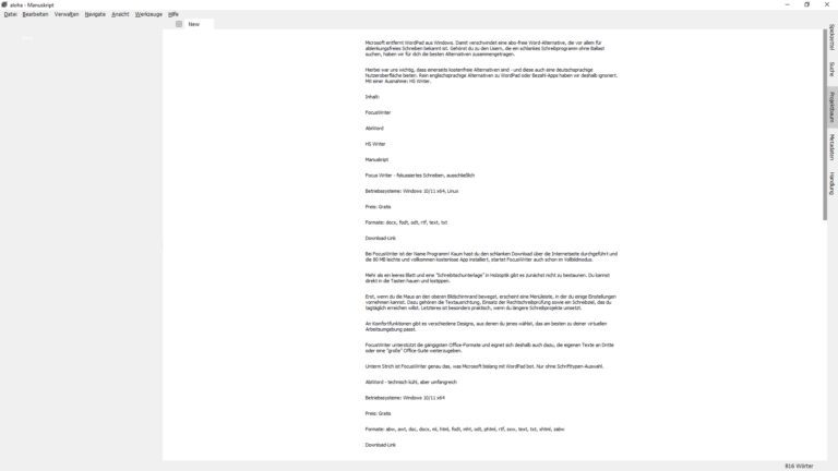 Manuskript - Alternative zu Microsoft WordPad