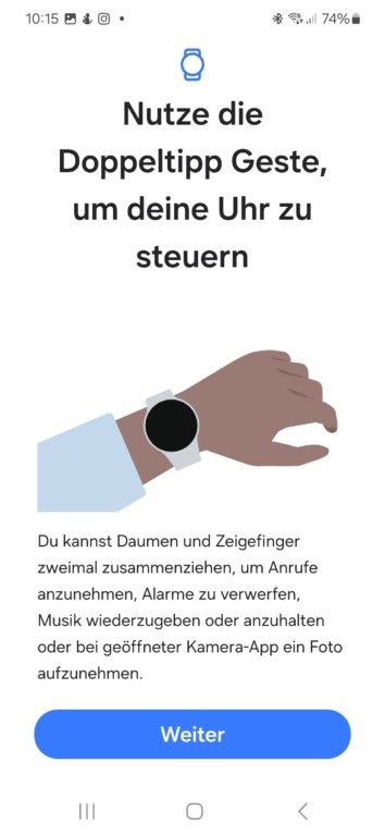 Neu bei WearOS 5 ist unter anderem die Gestensteuerung, bei der du mit Zeigefinger und Daumen Funktionen nutzt. (Screenshot)