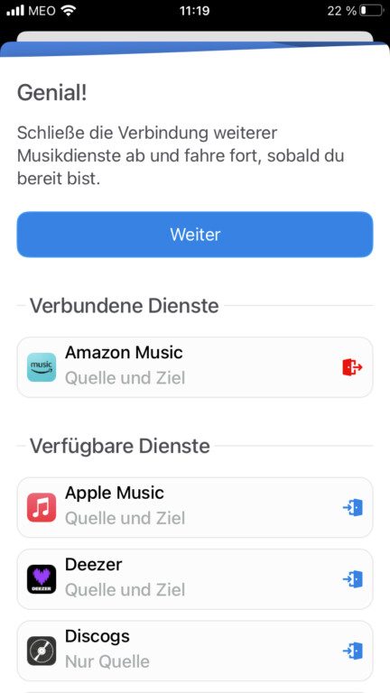 Songshift Dienste verbinden