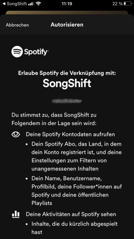 Songshitf Spotify authorisieren